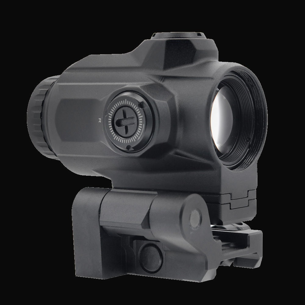 SKOPTIX 3XM 3x prism magnifier, front view showing the flip-to-side mount