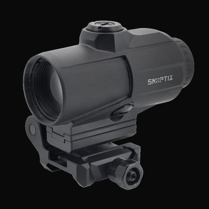 SKOPTIX 5XM 5x prism magnifier, front three-quarter view on its flip-to-side mount