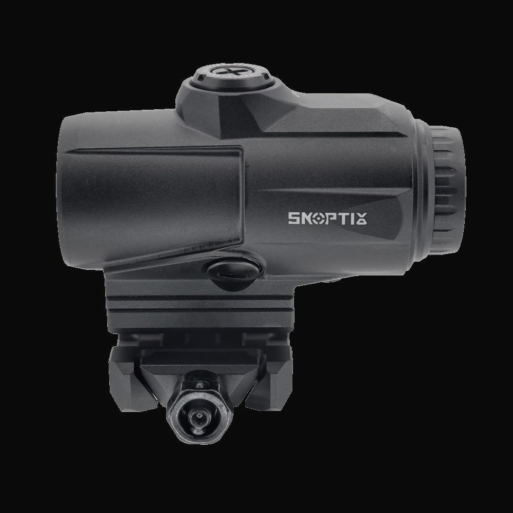 SKOPTIX 5XM 5x prism magnifier, front view showing the flip-to-side mount